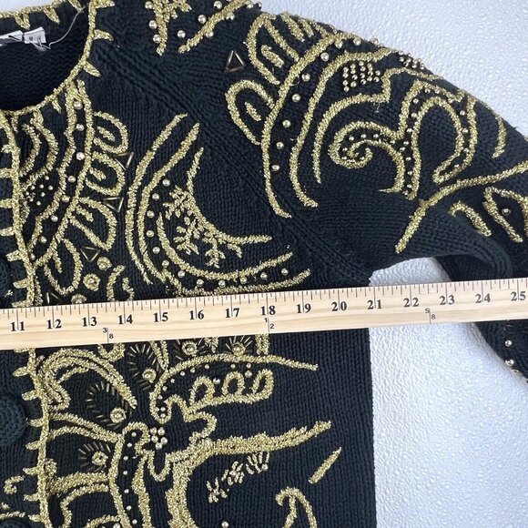 VTG Michael Simon Black Gold Regencycore Beaded Embroidered Cardigan Sweater  S - Picture 8 of 10